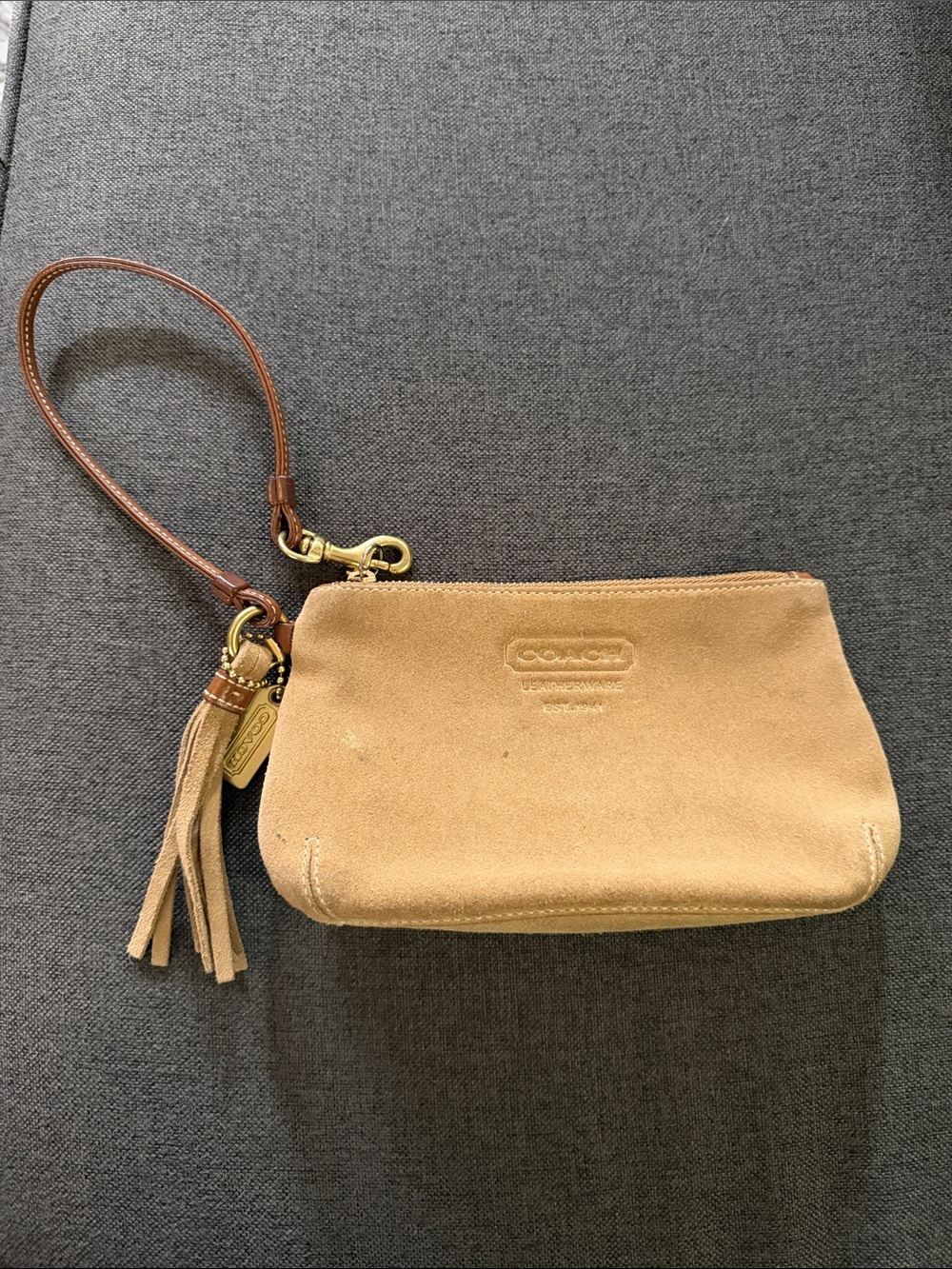 Coach Suede Wristlet Clutch in Tan with Leather Strap